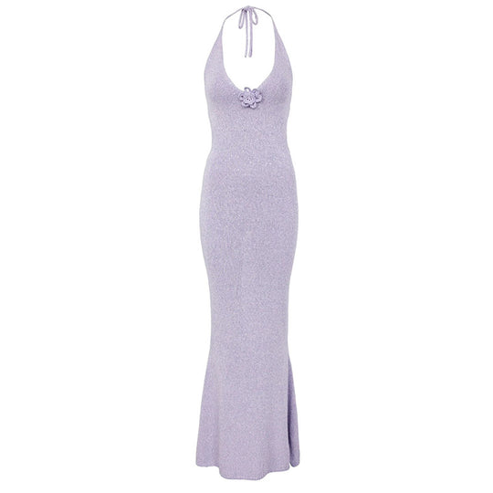 Damen Skulpturales Maxikleid mit tiefem V-Ausschnitt und dekorativem Blumenakzent R&B