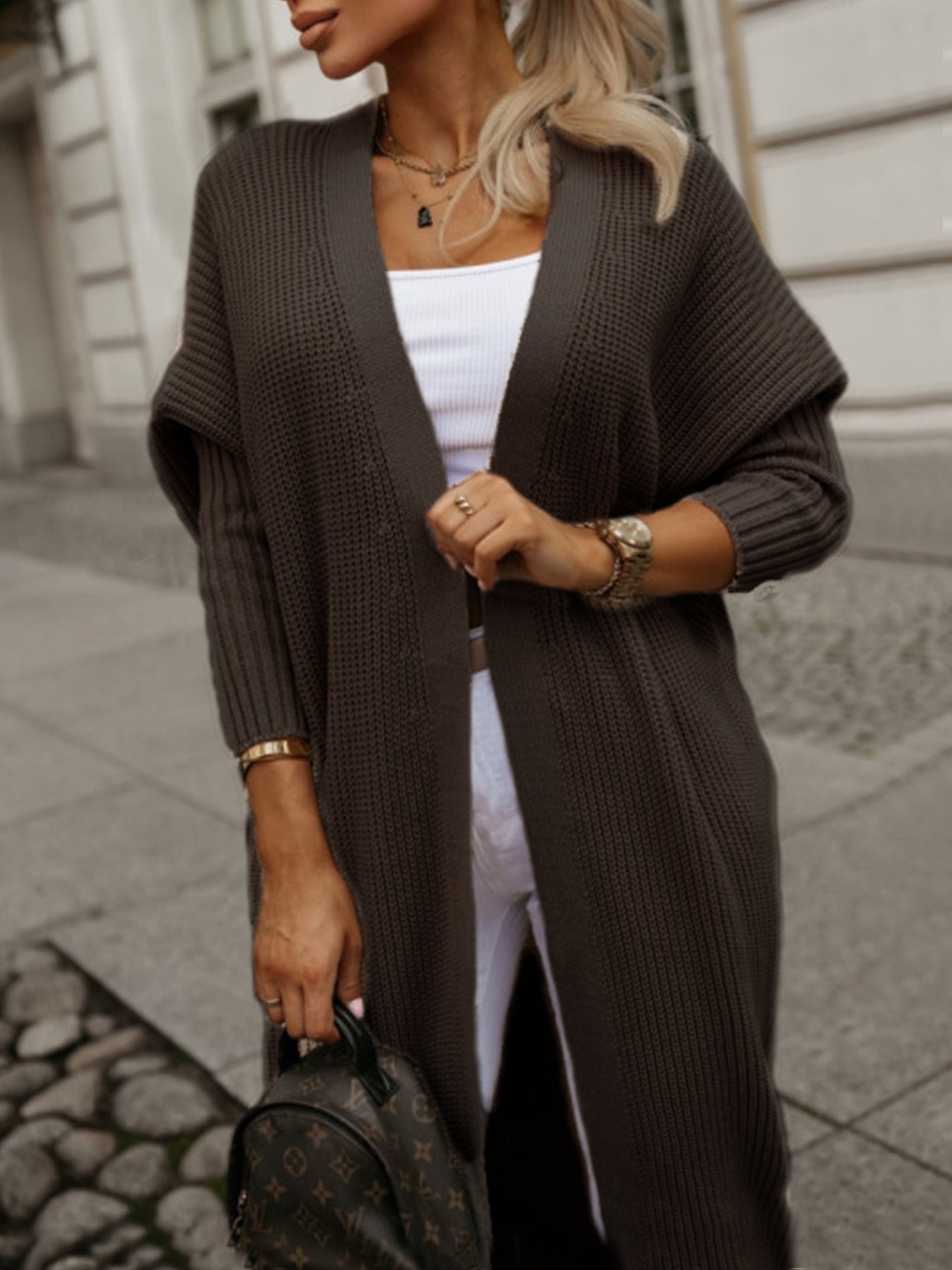 Damen modische Langarm Strickjacke mit offenem Schnitt und Waffelmuster