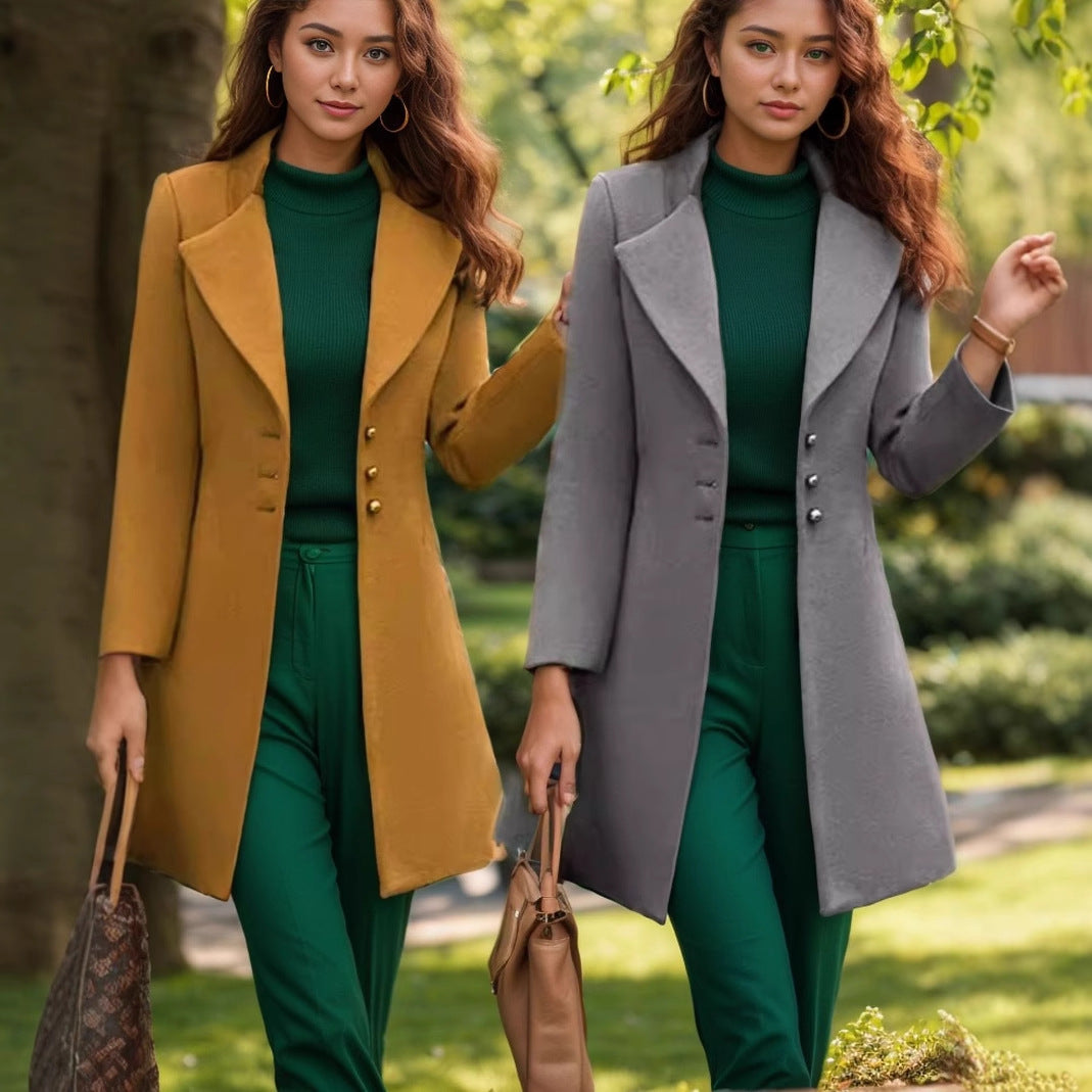 Damen stilvoller und eleganter Blazer-Mantel mit breitem Revers R&B