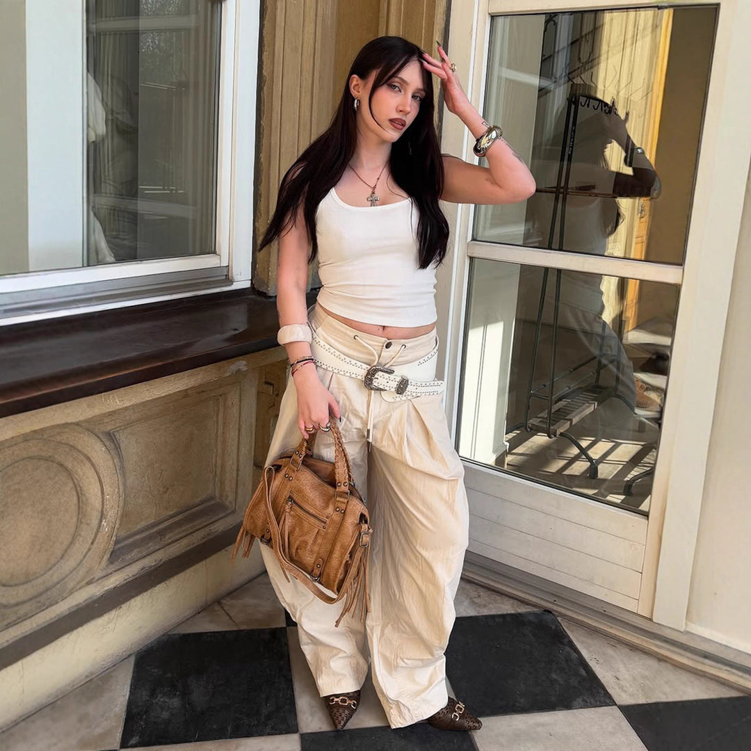 Damen weite stylistische Hose mit dekorativer Taillenbindung und Komfortschnitt R&B