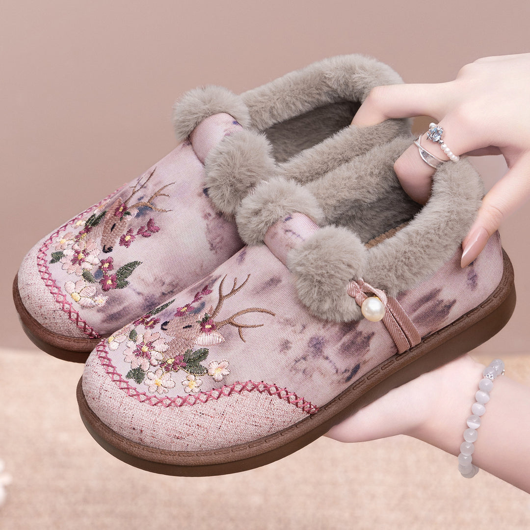 Damen Komfortable Hüttenschuhe mit kuscheligem Innenfutter und dekorativen Stickereien R&B