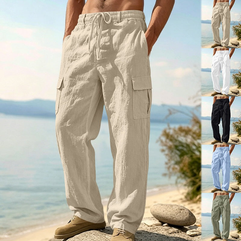 Herren nan entspannt geschnittene Strand-Cargohose aus Leinenblend mit elastischem Tunnelzug und zweifacher Klapptasche R&B