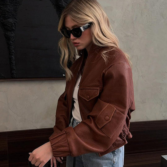 Damen Modische Kunstlederjacke mit einzigartigen Taschen und elastischen Rippabschlüssen R&B