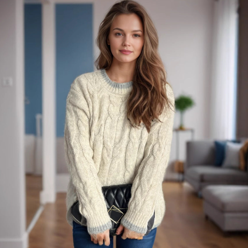 Damen Grobstrickpullover mit einzigartigem Zopfmuster und lässigem Schnitt R&B