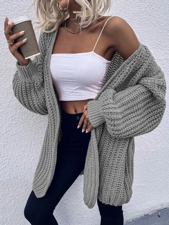 Damen lässiger Grobstrick-Cardigan mit tiefen Taschen und voluminösen Ärmeln R&B