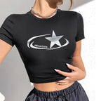 Damen Crop-T-Shirt mit glänzendem Sternmotiv und figurbetontem Schnitt R&B