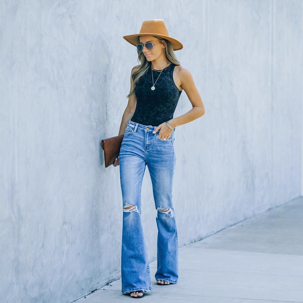 Damen Flared Jeans mit modischen Rissen und hohem Bund R&B