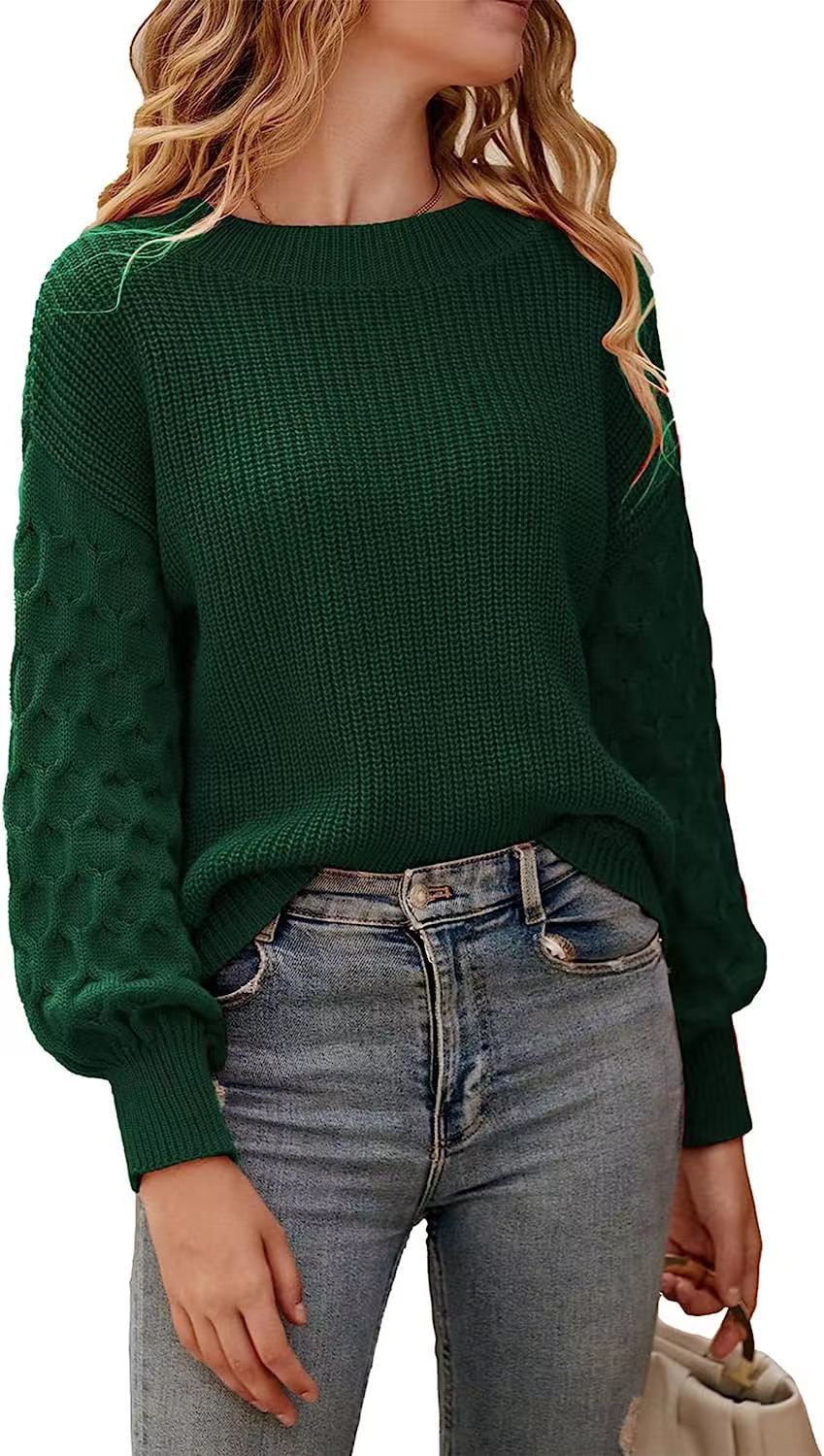 Damen modischer Strickpullover mit strukturierten Ärmeln und Rundhalsausschnitt R&B