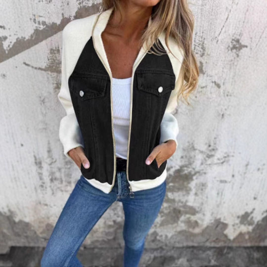 Damen lässige Sweaterjacke mit Denim-Style und Fleeceärmeln R&B