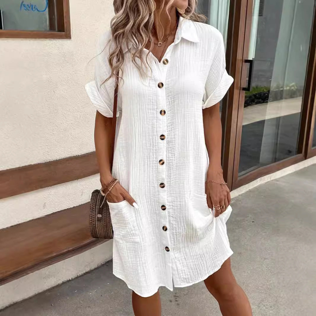 Damen lässiges Hemdblusenkleid aus leichtem Baumwollmischgewebe mit Knopfleiste und Seitentaschen R&B