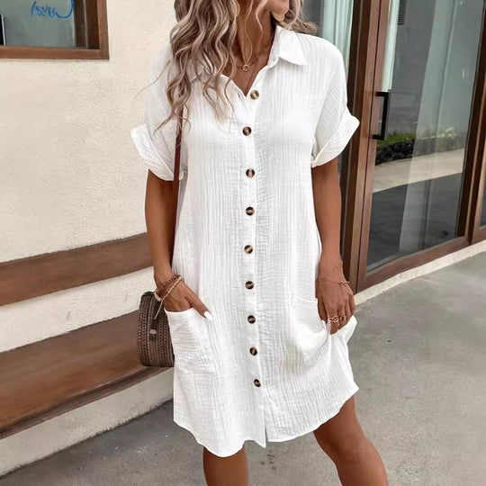 Damen lässiges Hemdblusenkleid aus leichtem Baumwollmischgewebe mit Knopfleiste und Seitentaschen R&B