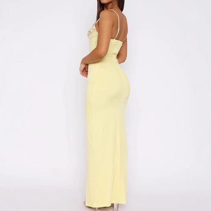 Damen Elegantes Maxikleid mit Spitzenelementen und schwingendem Schlitz R&B