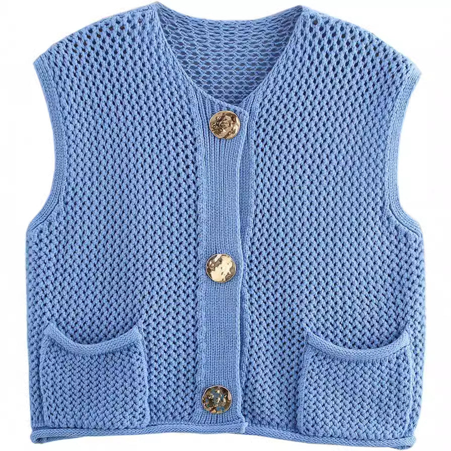 Damen Strickweste mit dekorativen Knöpfen und Taschen