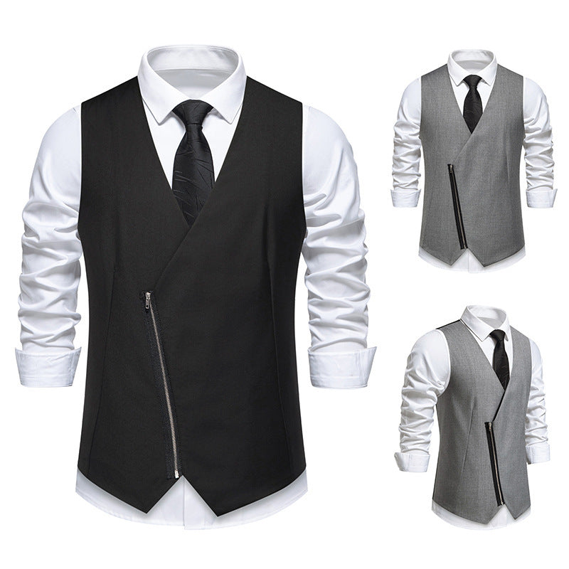 Herren moderne Anzugweste mit asymmetrischem Reißverschluss und eleganter Passform R&B