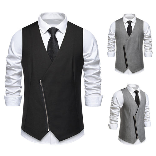 Herren moderne Anzugweste mit asymmetrischem Reißverschluss und eleganter Passform R&B