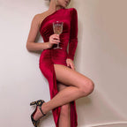 Damen stilvolles Ein-Schulter-Kleid mit Raffungen und Schlitz R&B