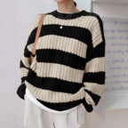 Damen modischer Strickpullover mit breiten Streifen und lockerer Passform R&B