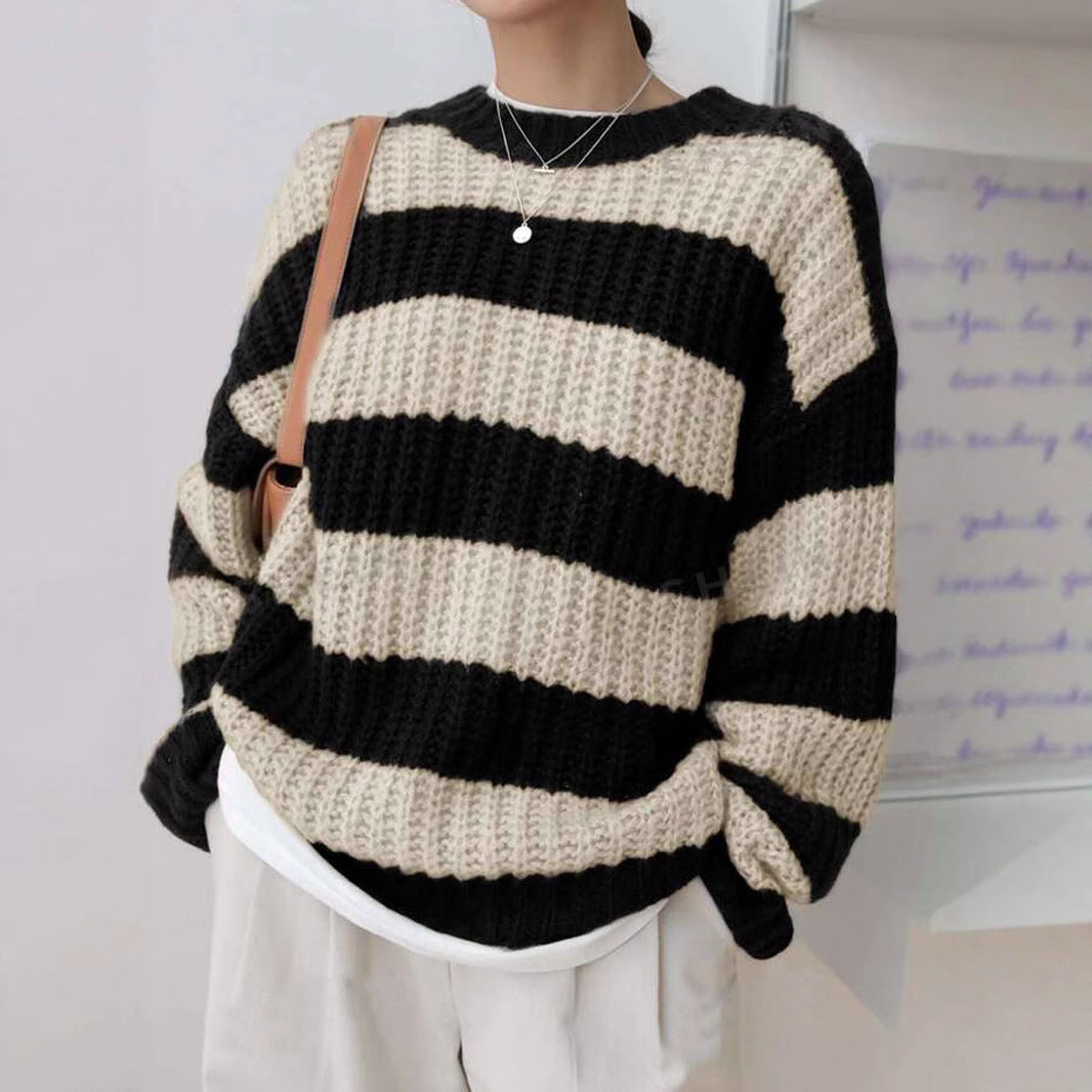 Damen modischer Strickpullover mit breiten Streifen und lockerer Passform R&B