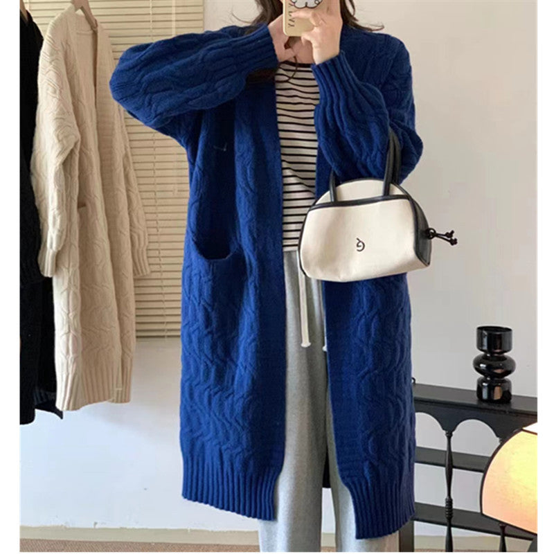 Damen Langer Strickcardigan mit voluminösen Ärmeln und praktischen Taschen R&B