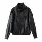 Damen nan oversize Kunstlederblouson mit hohem Stehkragen, asymmetrischer Druckknopfleiste, Schulterklappen und elastischem Saum R&B