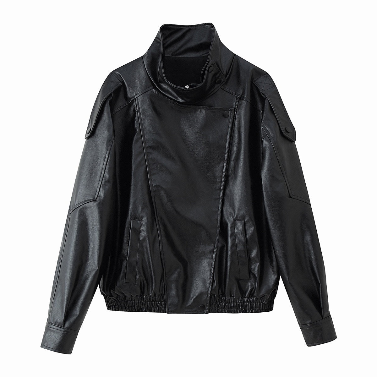 Damen nan oversize Kunstlederblouson mit hohem Stehkragen, asymmetrischer Druckknopfleiste, Schulterklappen und elastischem Saum R&B