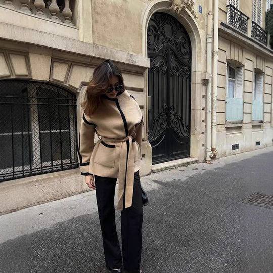 Damen elegante Blazerjacke mit Taillengürtel und Kontrastnähten R&B