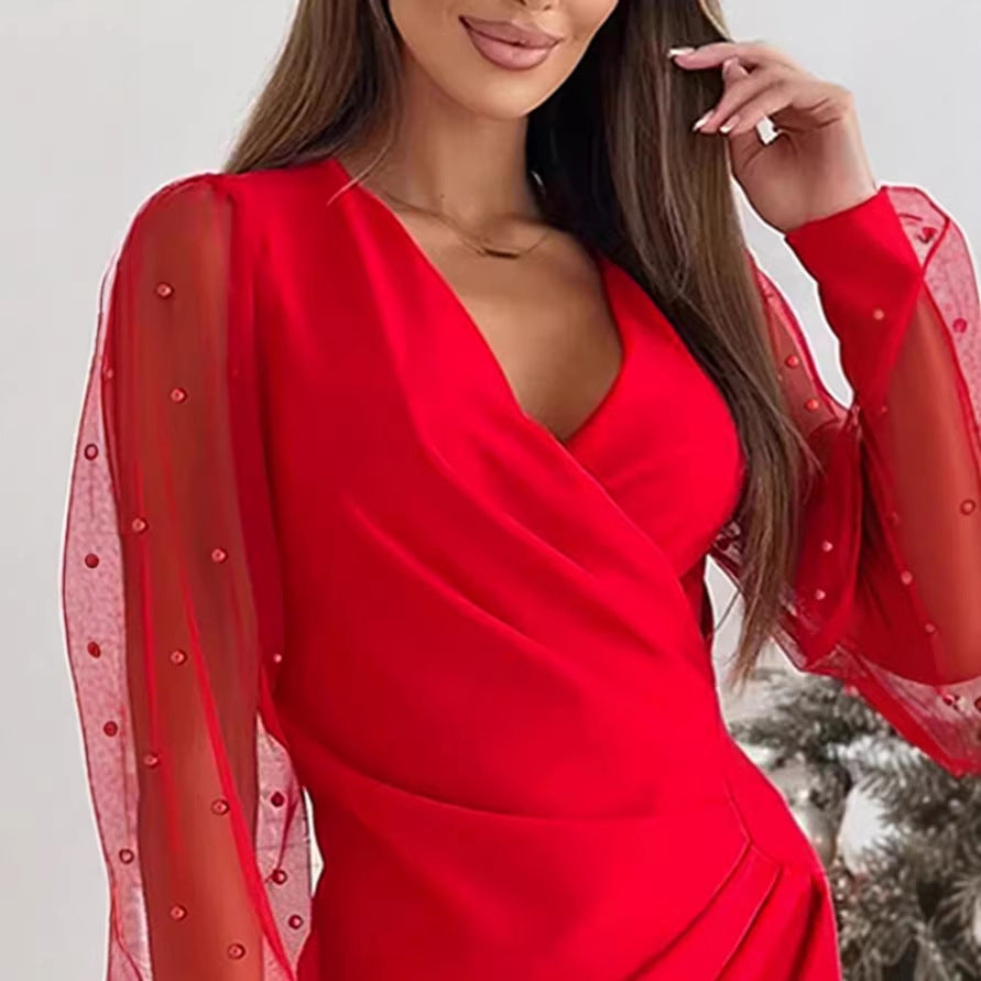 Damen Wickelkleid mit eleganten transparenten Ärmeln und schimmerndem Detail R&B