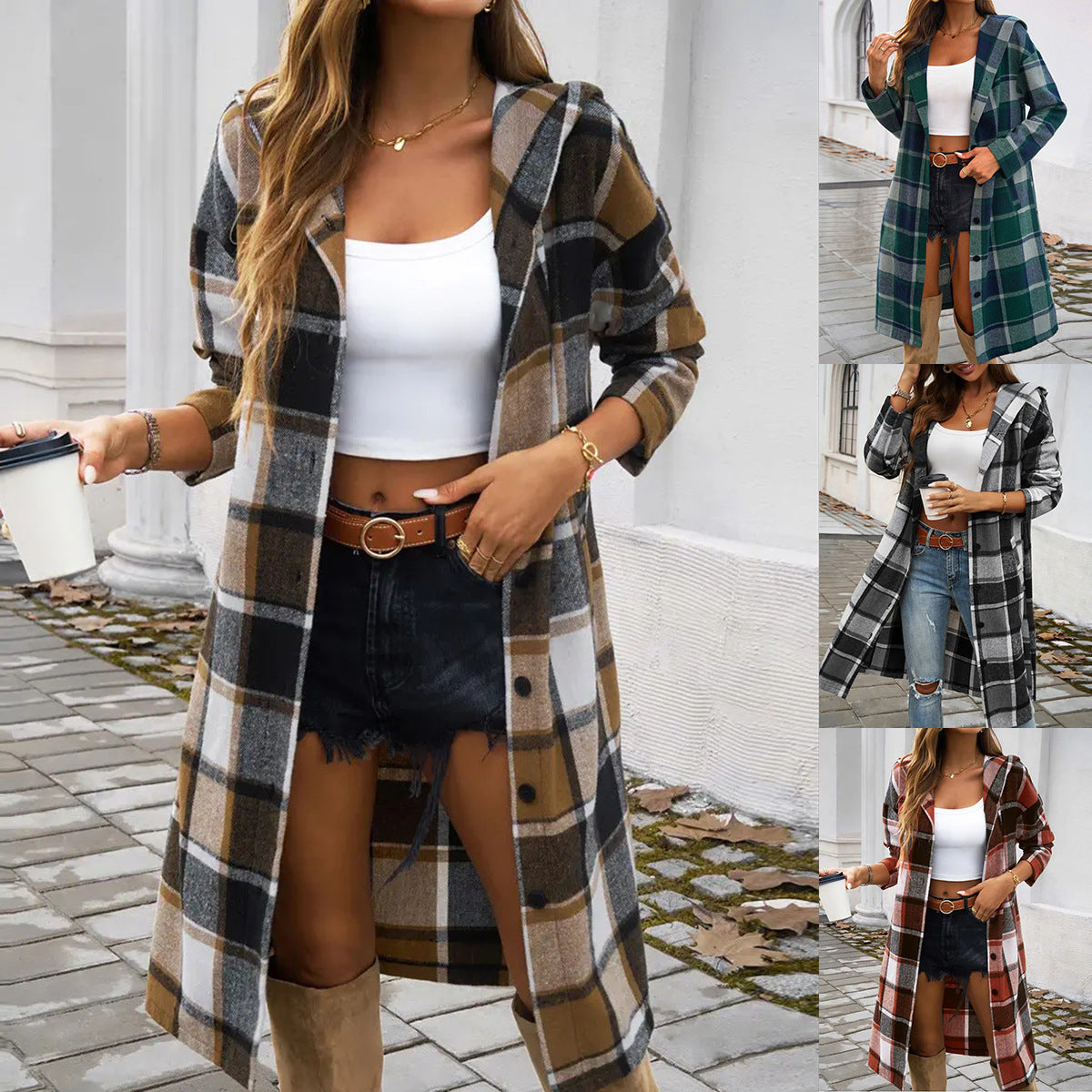 Damen Karomuster Longjacke mit Kapuze