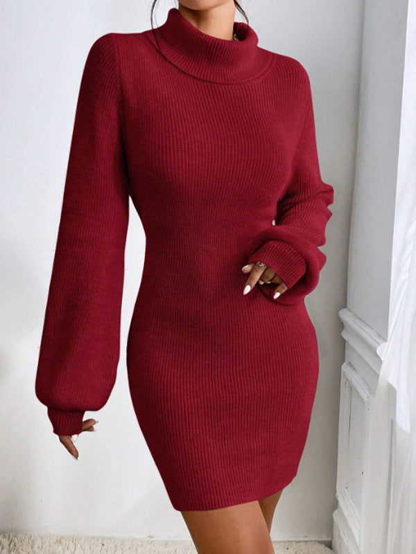 Damen Strickkleid mit hohem Kragen und langen Ärmeln R&B