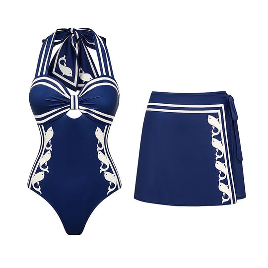 Damen Einteiler Badeanzug mit raffiniertem Cut-Out und dekorativen Schleifen R&B