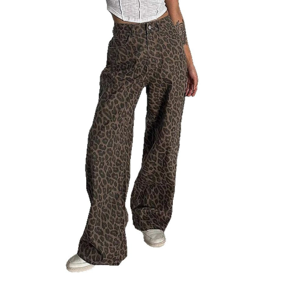 Damen Weit geschnittene Leoparden-Jeans im lässigen Stil R&B