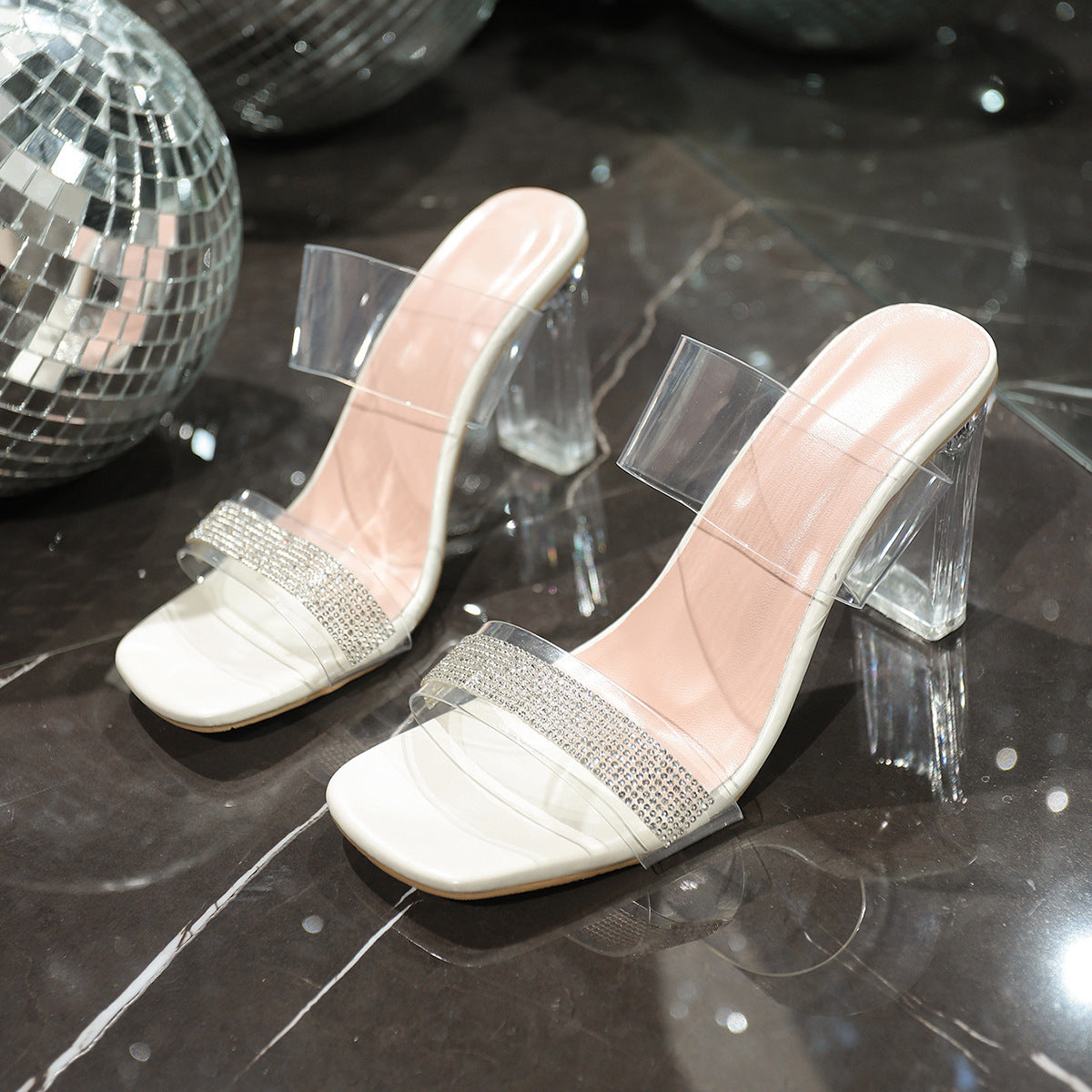 Damen Hochhackige Sandalen mit transparentem Riemendesign und funkelndem Glitter R&B
