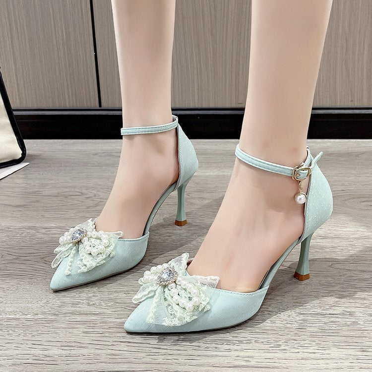 Damen elegante Pumps mit dekorativer Perlen- und Schleifenverzierung R&B