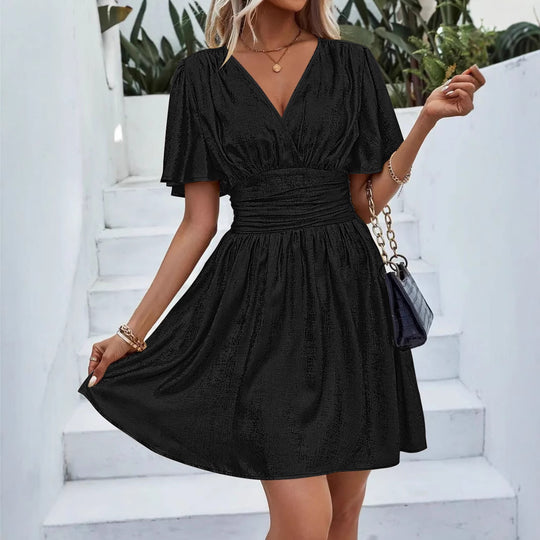 Damen glamouröses Minikleid mit schimmerndem V-Ausschnitt und voluminösen Ärmeln R&B