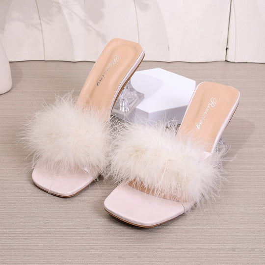 Damen transparente Mules mit flauschigem Flausche-Akzent R&B