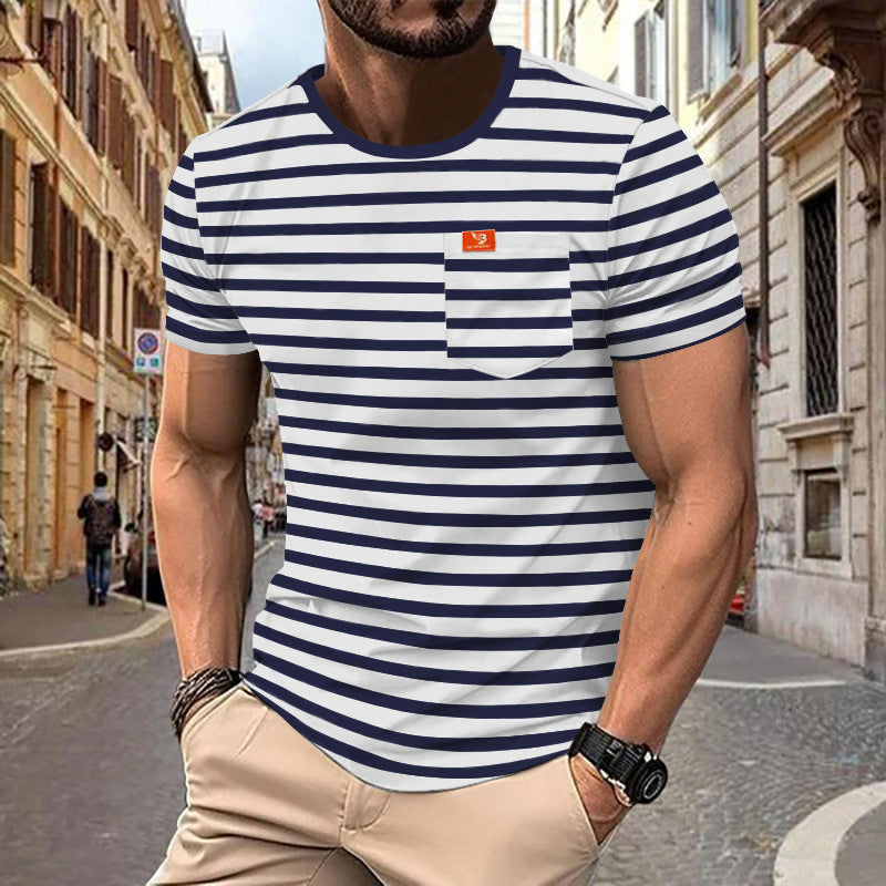 Herren nan maritim inspiriertes Streifen-T-Shirt mit Brusttasche und Slub-Jersey R&B