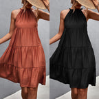 Damen Lässiges Sommerkleid mit hochgeschlossenem Kragen und voluminösem Rock R&B