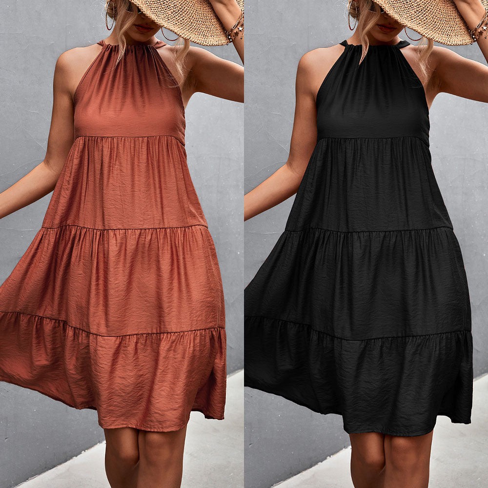 Damen Lässiges Sommerkleid mit hochgeschlossenem Kragen und voluminösem Rock R&B