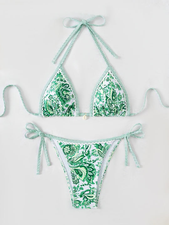 Damen Triangel-Bikini-Set mit verstellbaren Bindebändern und floralem Design R&B