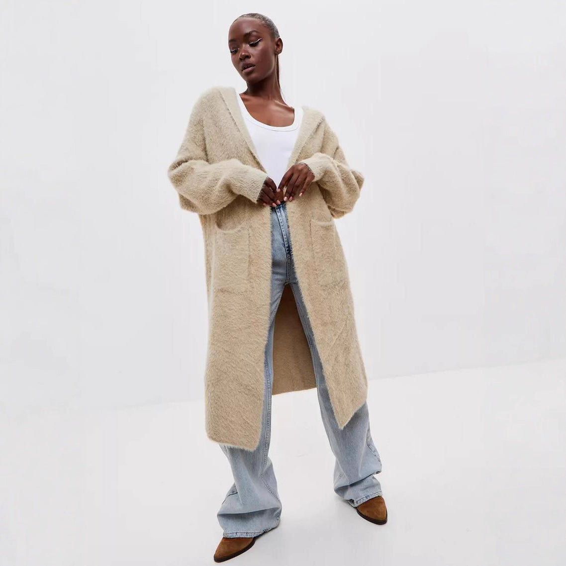 Damen Kapuzen-Strickmantel mit luxuriösem Flauschteil R&B