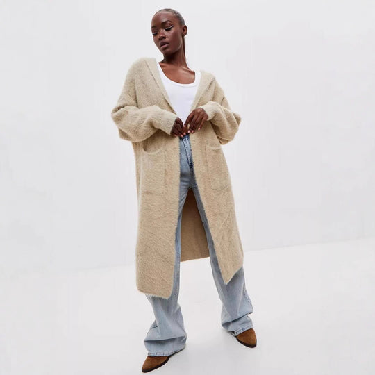 Damen Kapuzen-Strickmantel mit luxuriösem Flauschteil R&B