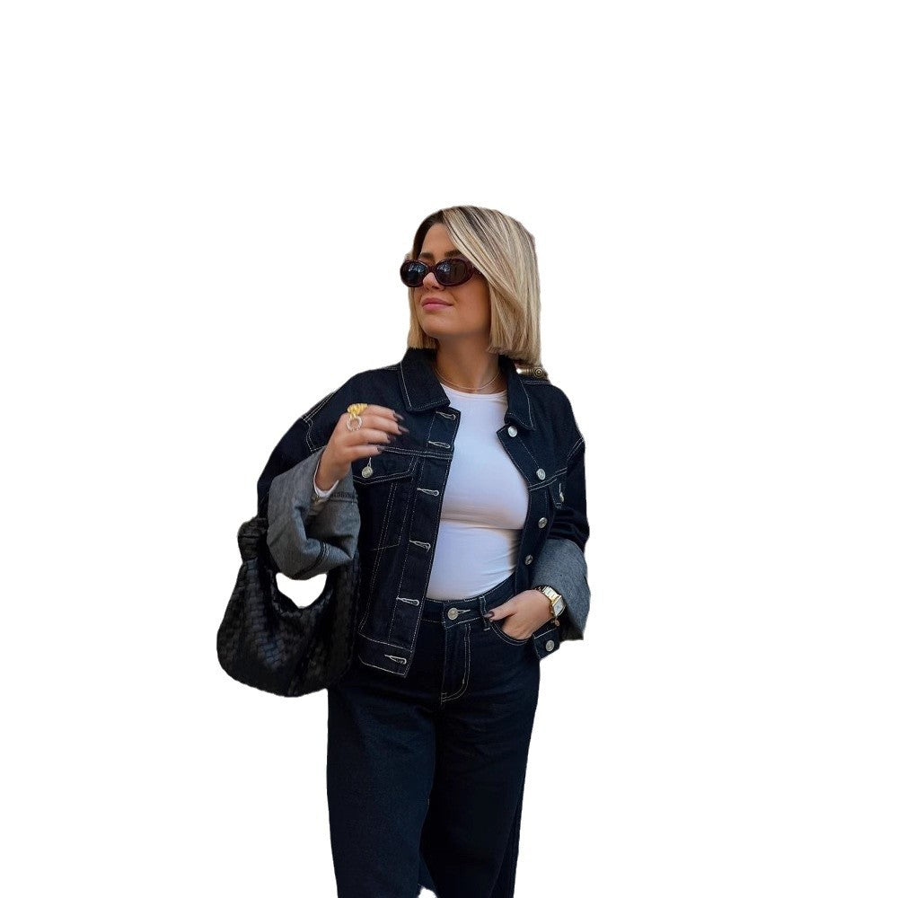 Damen Weit geschnittene Denim-Hose mit modischem Aufschlag R&B