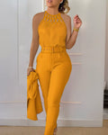 Damen eleganter Jumpsuit mit geflochtenem Trägersystem und tailliertem Schnitt R&B