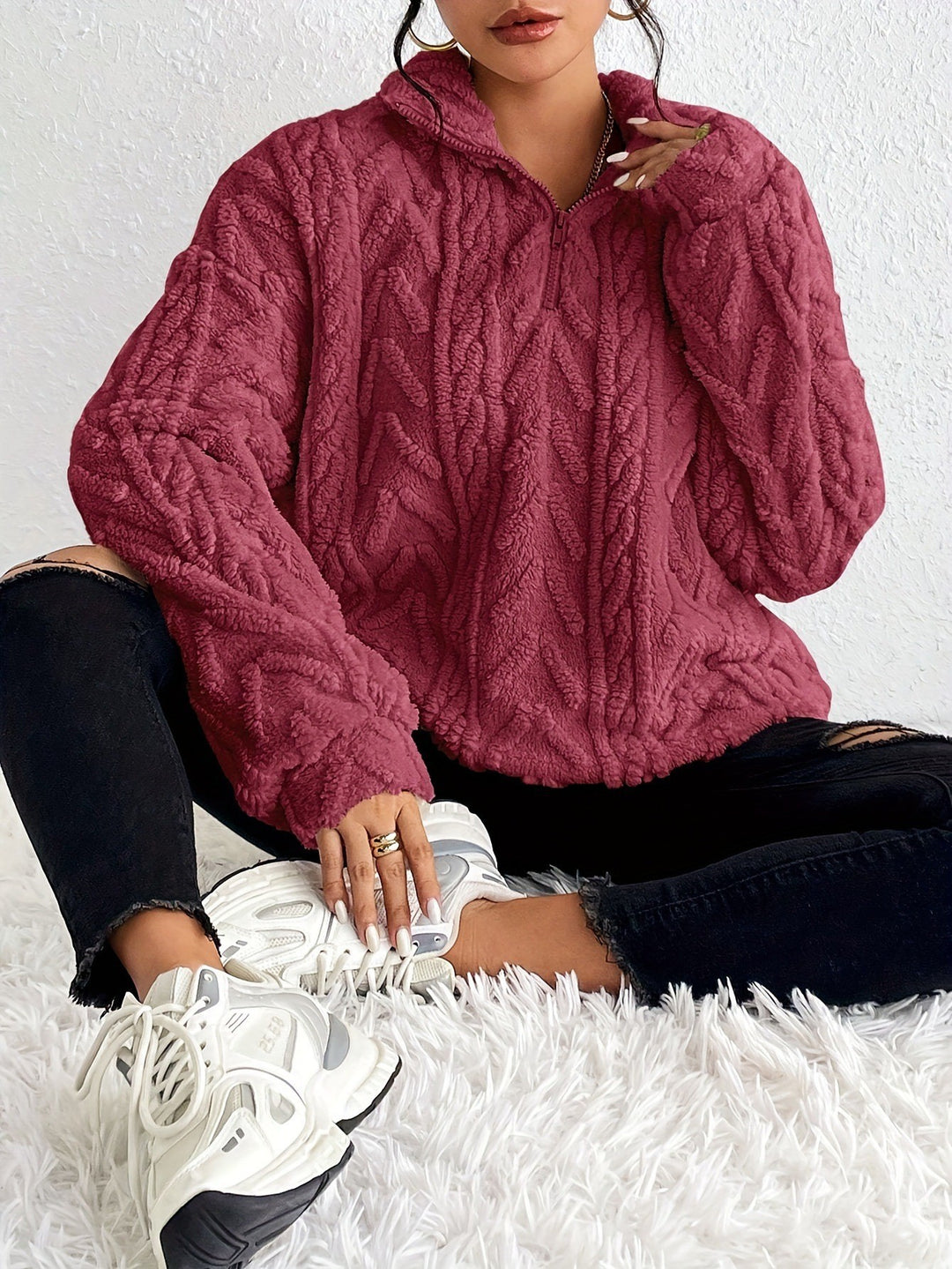 Damen Kuscheliger Fleece-Pullover mit hohem Kragen und Zipper-Detail R&B