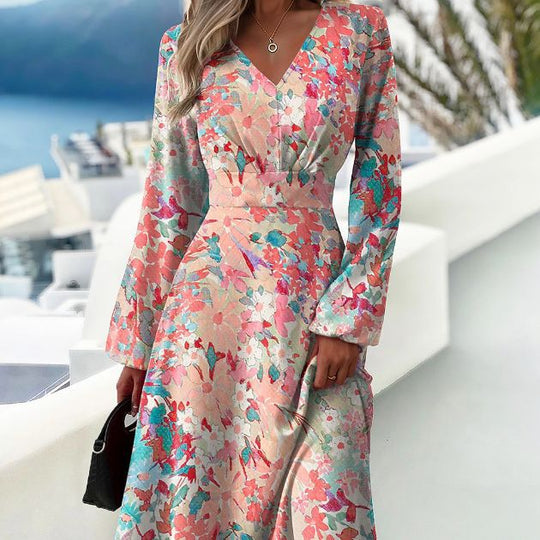 Damen Elegantes langärmliges Kleid mit raffiniertem V-Ausschnitt und floralem Muster R&B