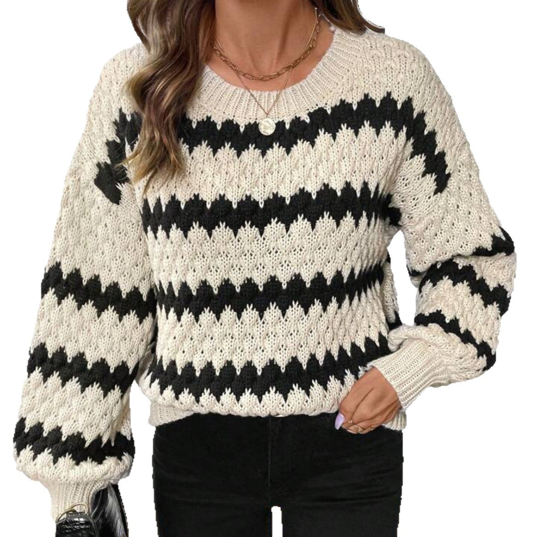 Damen Grobstrickpullover mit geometrischem Muster und voluminösen Ärmeln R&B