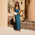 Damen Satin Maxikleid mit eleganter V-Form und fließendem Schnitt R&B