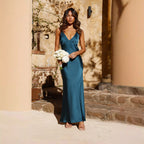Damen Satin Maxikleid mit eleganter V-Form und fließendem Schnitt R&B