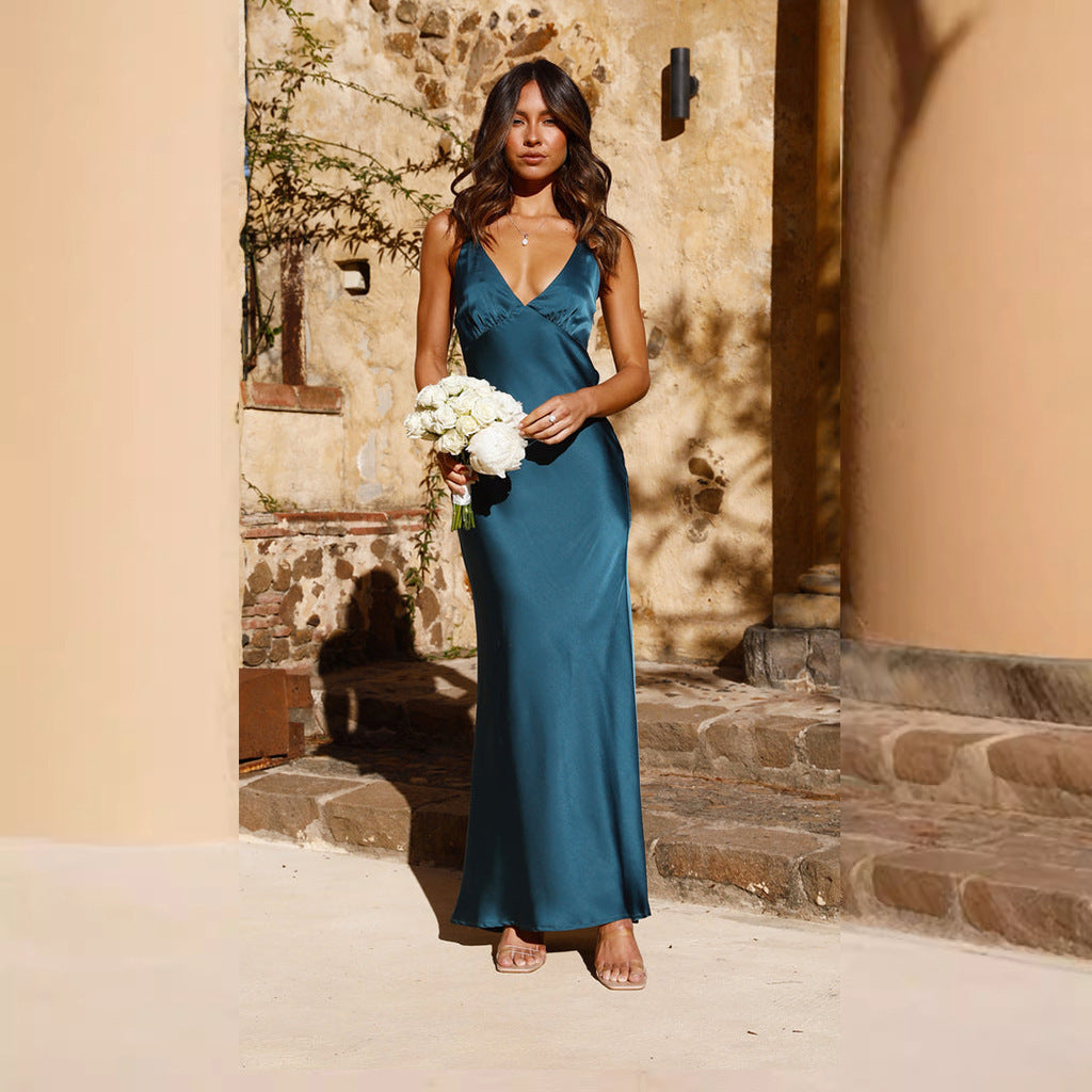 Damen Satin Maxikleid mit eleganter V-Form und fließendem Schnitt R&B