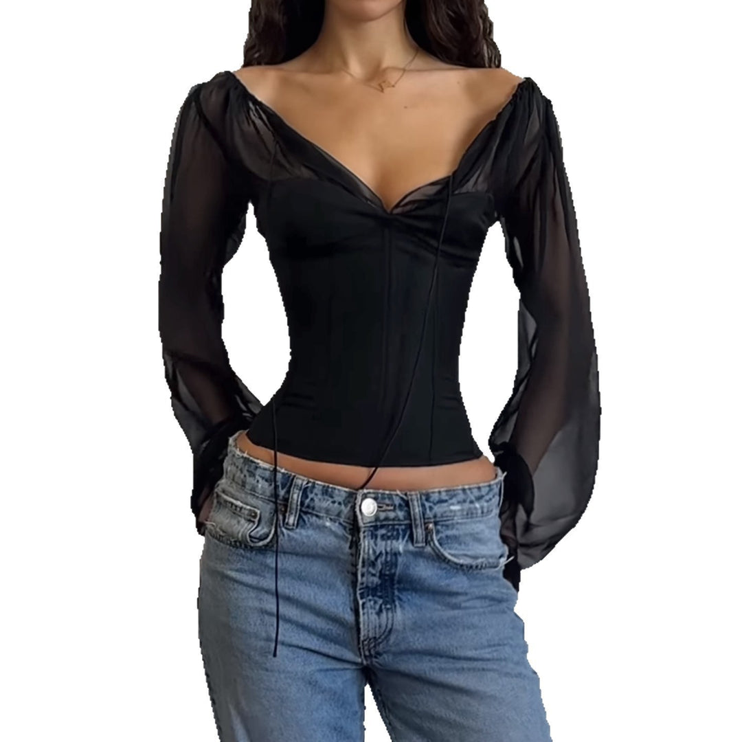 Damen elegantes Oberteil mit transparenten Ärmeln und schmaler Silhouette R&B